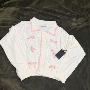 iris White Cardigan with Pink Trim and Bow Accents